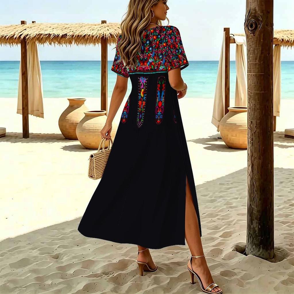 Women Fashion Round Neck Cashew Nut Clan Style Printed Short Sleeve Side Slit Dress Casual Vacation Dress Long Loose Dress