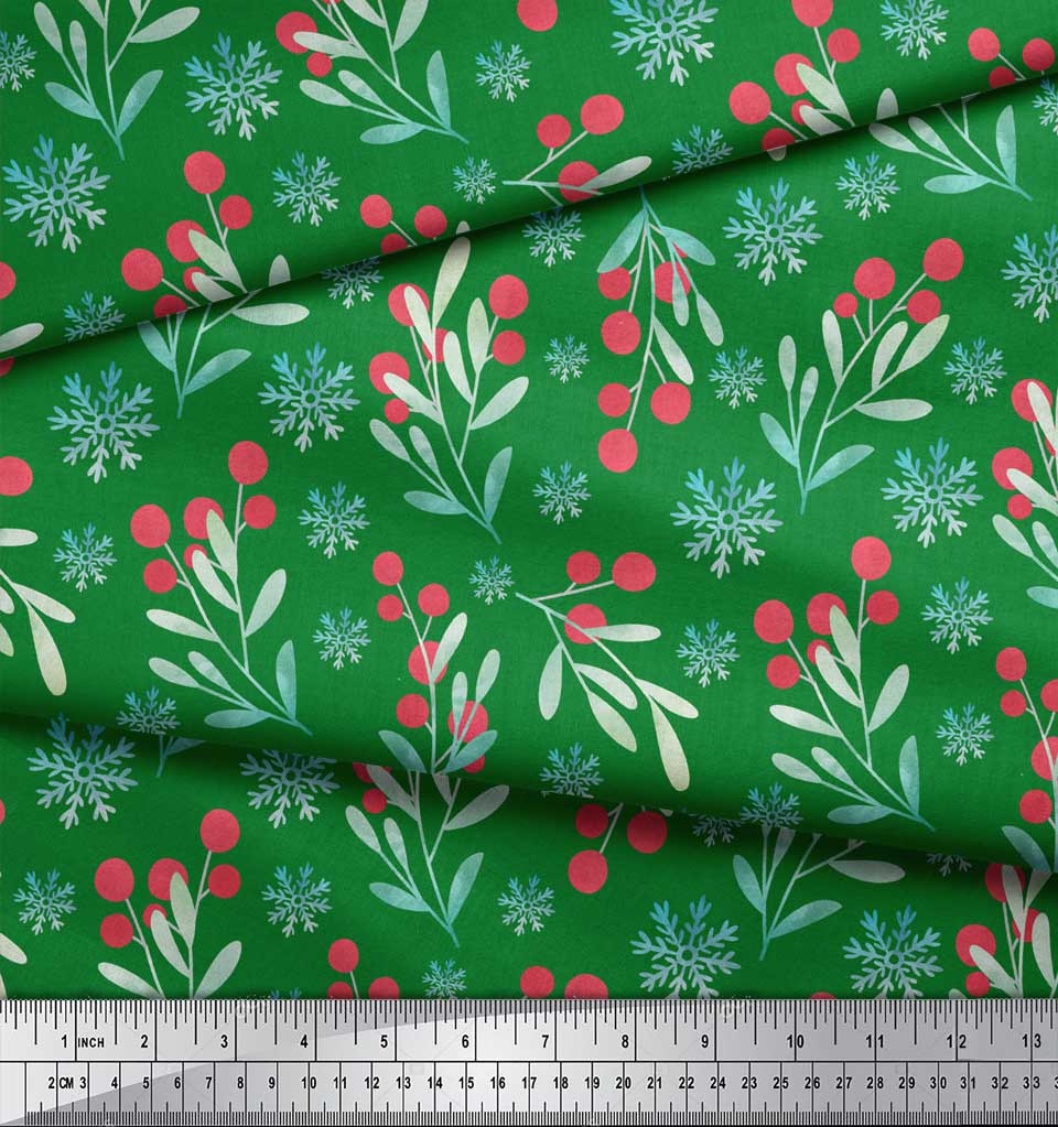 Soimoi Green Japan Crepe Satin Fabric Snowflake & Red Berries Fruits Print Fabric by the metre 42 Inch