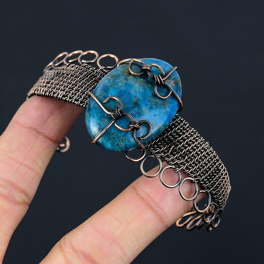Neon Blue Apatite Pure Copper Wire Wrapped Handmade Jewelry Bangle Bracelet Adjustable For Gift