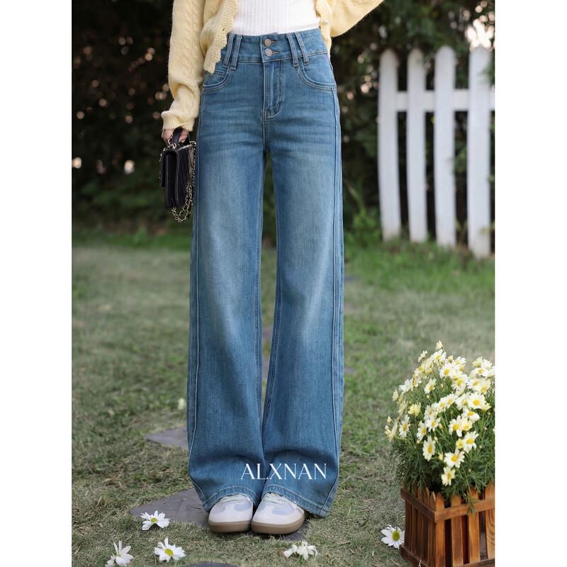 

Women s Double Buckle Retro Blue Wide-Leg Jeans L