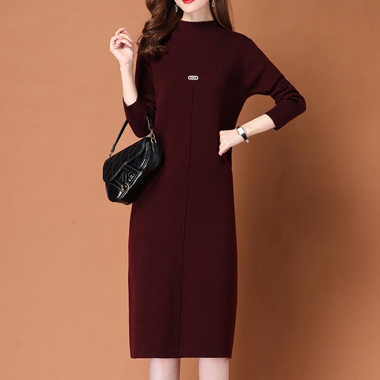 Lässiger Stil Strickpullover Damen Midilanges Kleid Lockerer Strickpullover Lässiges Einfarbiges Strickkleid