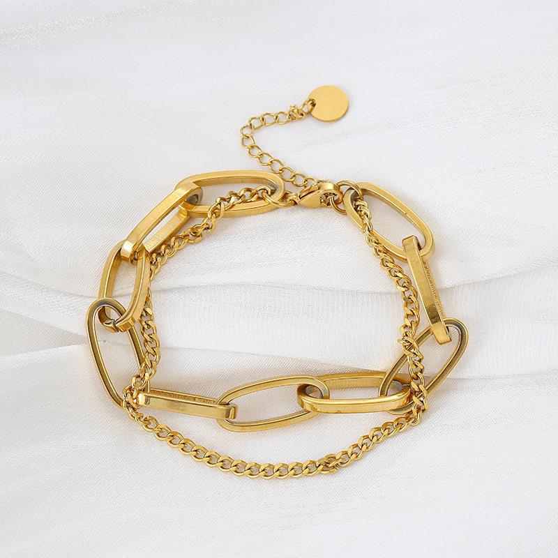 Women's Trendy Double-Layer Chunky Bracelet: Retro Gold Long Chain with Pendant In Titanium Steel