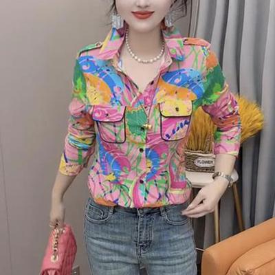 Elegant Fashion Slim Loose Sweat Casual All Match Tops Women Printed Lapel Collar Long Sleeve Shirt