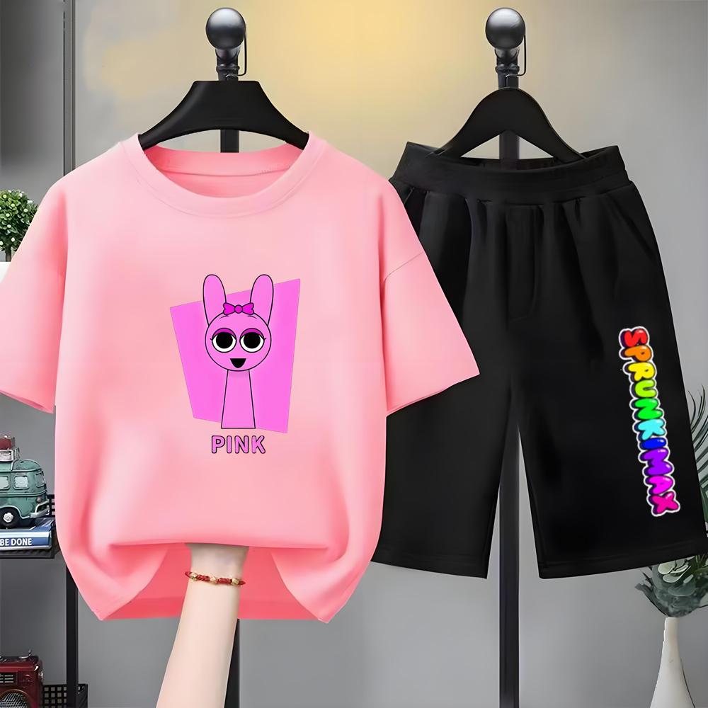Summer Boys Girls Age 3-12 Tee+Shorts Suit Children Short Sleeve T-Shirts Child Casual Pink Black Clothes Sprunki Graphics