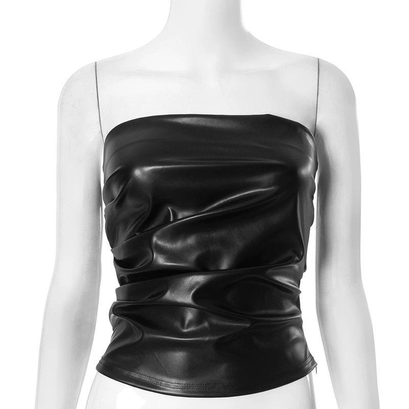 Elsa European and American Women's Clothing Ins New Arrival Fashion Sexy PU Leather Tank-Top Leather All-Matching Sexy Nightclub Tube Top