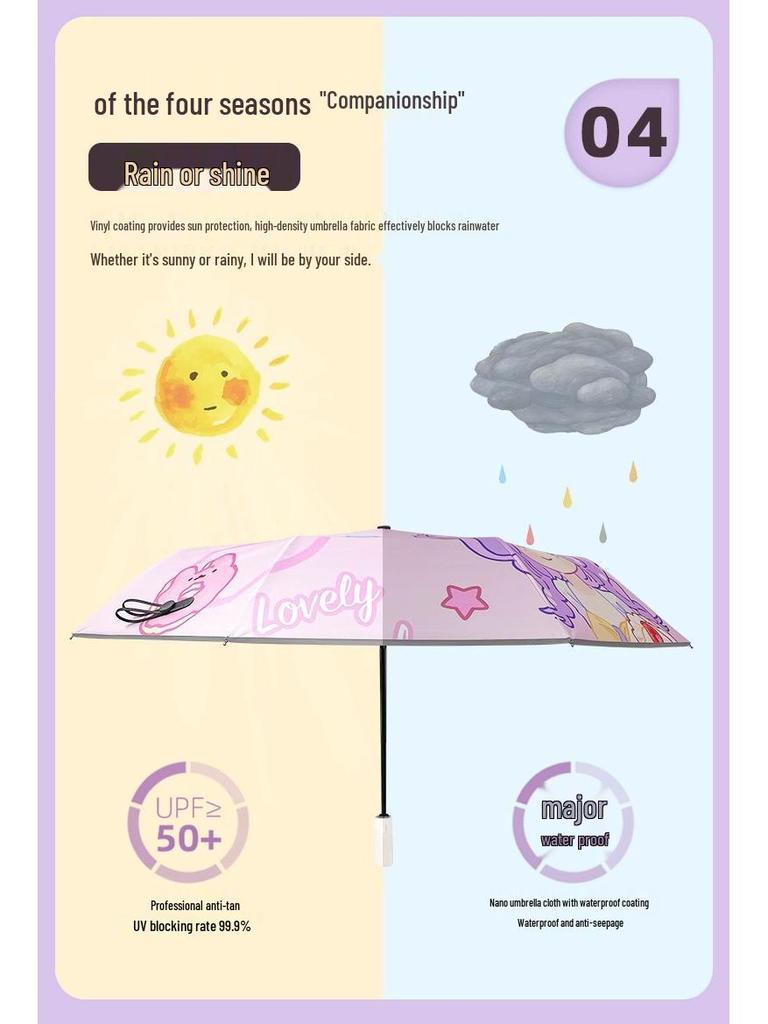 Children's Fully Automatic Cartoon Umbrella with Anti-Rebound, Reflective Strip for Sun and Rain