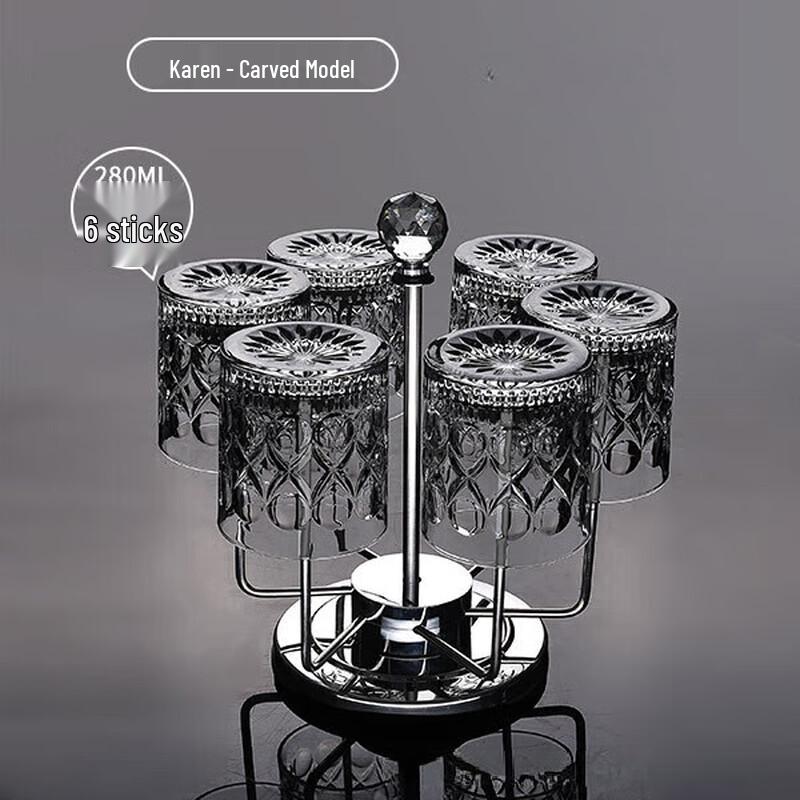 ZISIZ Carved Whiskey Glasses Set with Rotating Holder