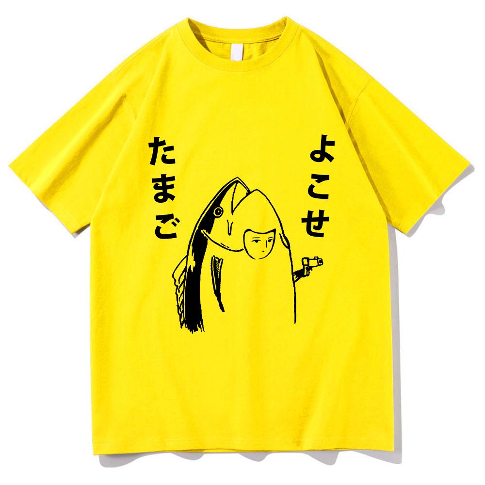 Harajuku Style Lovely Autumn All-purpose Top Fun Japanese Fish and Gun Design T-shirt Couples Unisex Cotton Design T-shirt