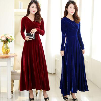 New Autumn/Winter Plus Size Velvet Dress Long Sleeved, V Neck, Big Swing Gown for Evening Parties and Banquets