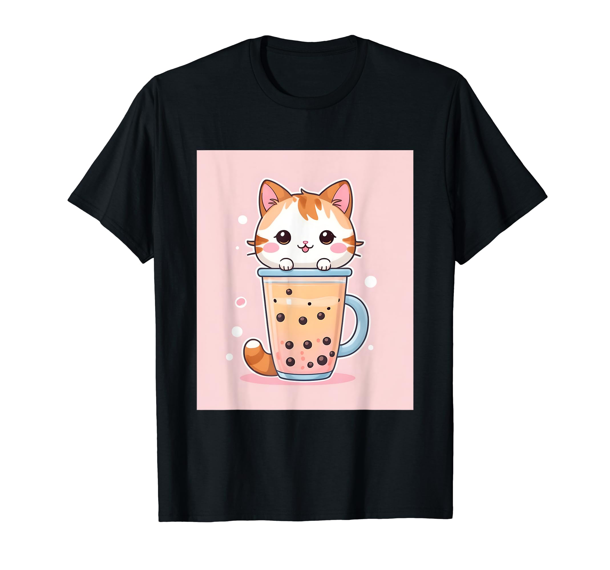 

bubble things printed Kawaii, cat, boba, tea, cute, Japanese, T-shirt чорний