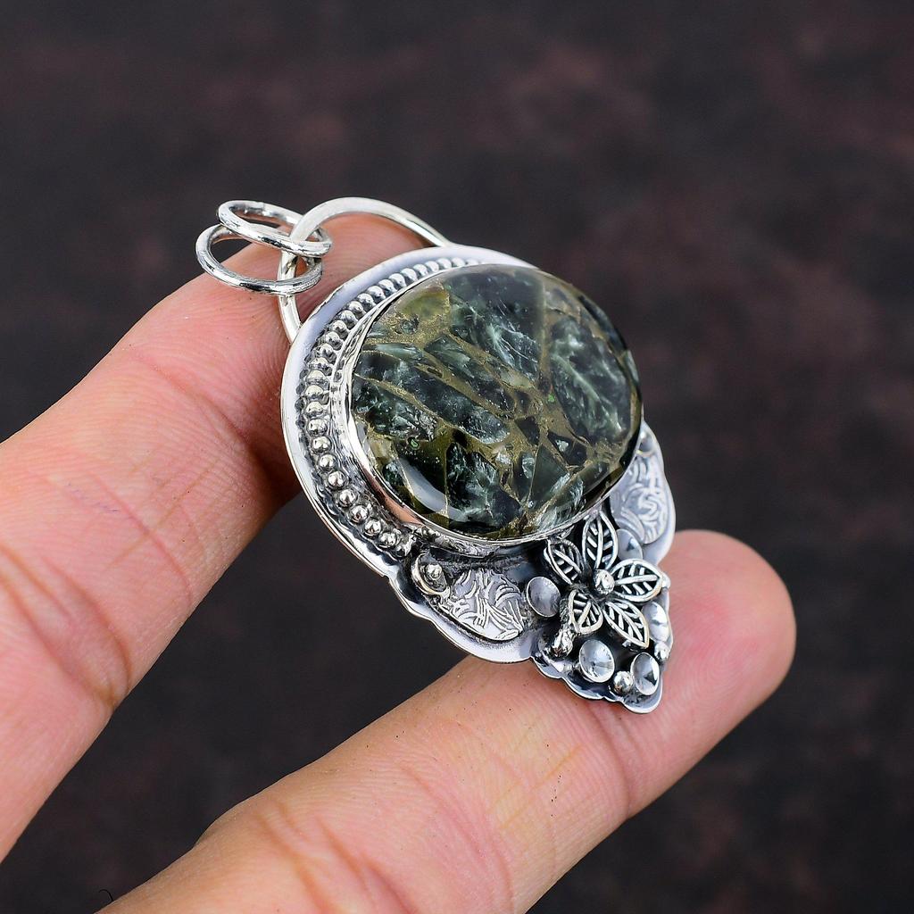 Pandantiv cu serafinit de cupru Pandantiv din argint 925 uimitor piatră prețioasă bijuterii lucrate manual pandantiv cu flori, piatră de vindecare, bijuterii, cadou pentru femei