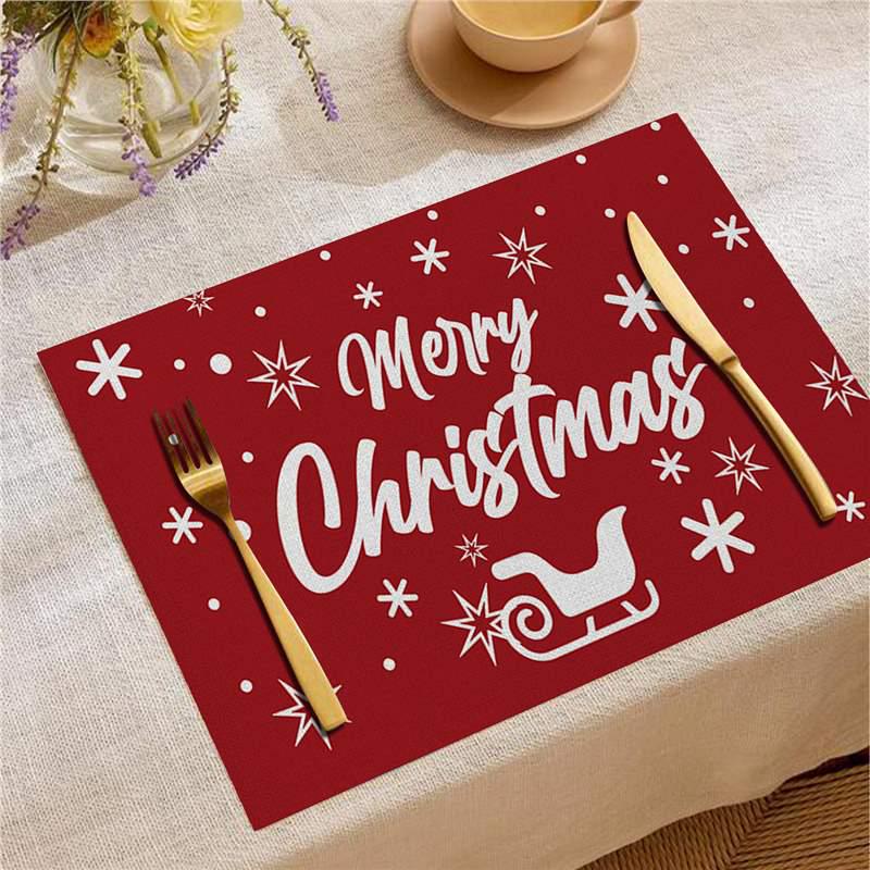 Nordic Christmas Santa Elk Linen Placemat Square, Festive Restaurant Table Decoration Linen Placemat 33x45cm