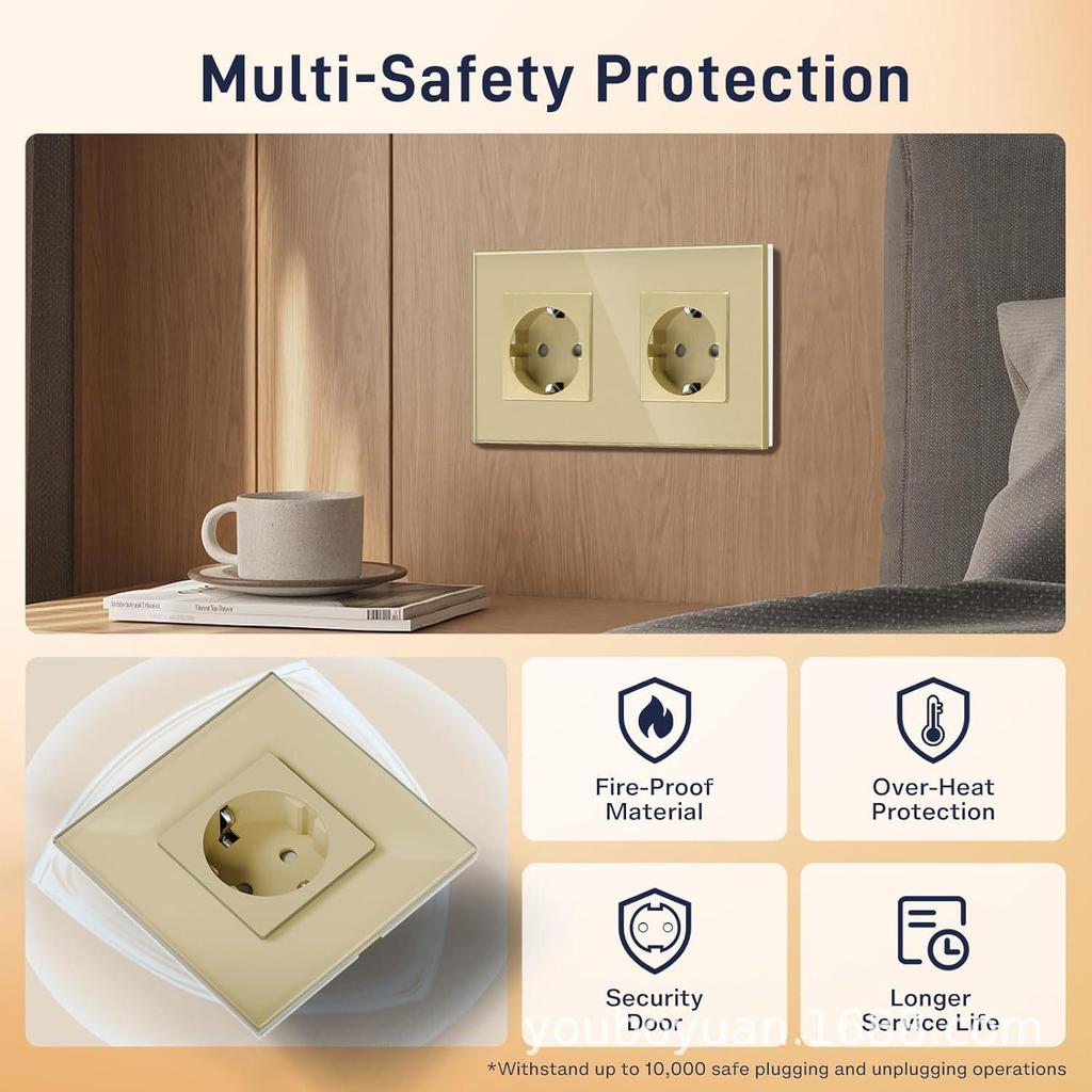 Złoty Panel Ze Szkła Hartowanego Okrągłe Rosyjskie Gniazdko Ścienne 16A – Ukryty Design