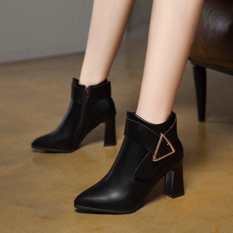 New Thick Heeled Short Boots Pointed with Belt Buckle Fashionable High Heeled Boots
