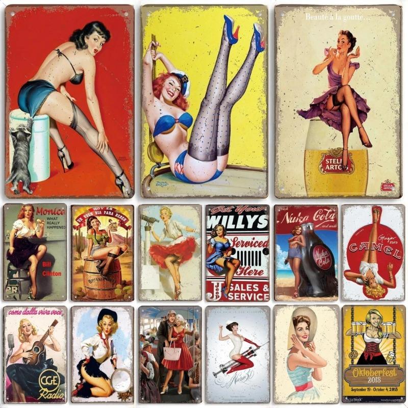 Vintage Metal Sexy Girl Pin Up Girls Plaque Tin Signs Cola Beer Airplane Metal Poster Retro for Bar Pub Club Home Wall Art Decor