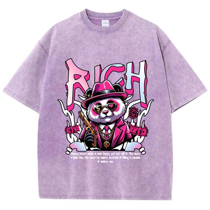 Baumwolle Damen Acid Wash T-Shirts Reichhaltige Cartoons Panda Druck Tees Übergroß Distressed O-Ausschnitt Kurzarm Kleidung