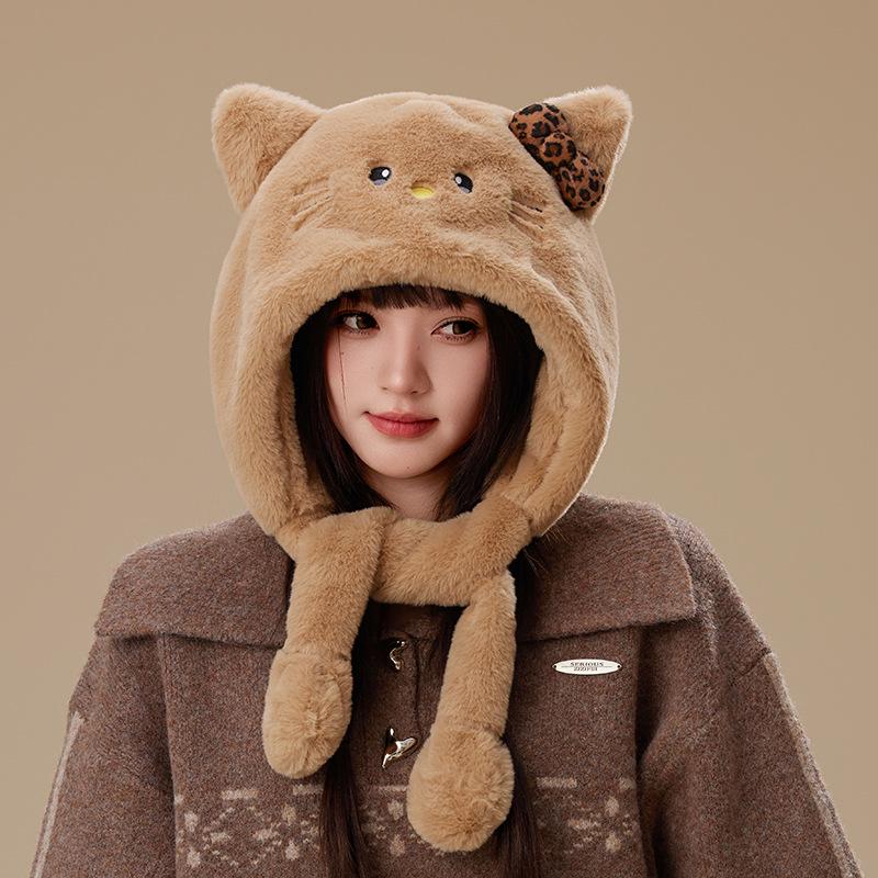 Women's Warm Fleece Cartoon Cat Hat with Moving Ears & Ear Muffs for Autumn/Winter