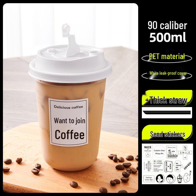 Transparent Disposable Coffee Cup with Lid, 90 Caliber, American Style for Cold Drinks, Milk Tea, Chubby Takeaway Cup
