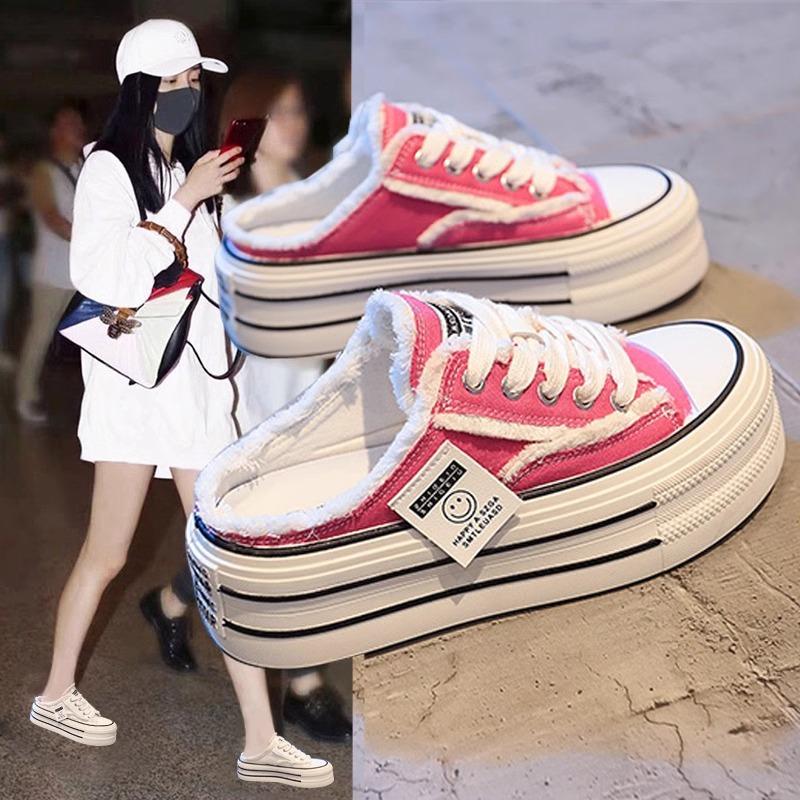 Baotou slippers women's summer wear 2025 new canvas shoes without heel versatile lazy half drag thick soles ins tide