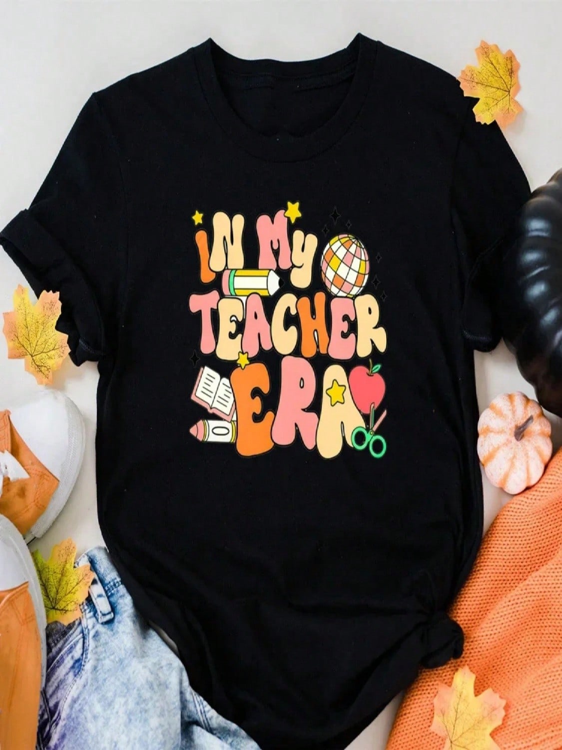 Casual Girls Tees Top In My Teacher Era&Pencil Pattern Print T-Shirt Short Sleeve Crew Neck Top Teacher s Day Best Gift Vintage S разноцветный