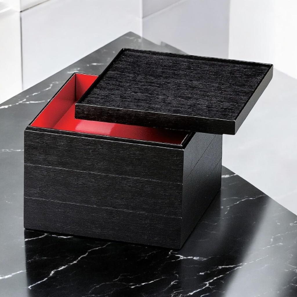 J-kitchens Lacquerware Jubako Box, 3 Tiers, 5.5 Inch, Fine Wood, Black Wood Grain, 16cm, Made In Japan