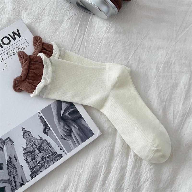 Women's Spring and Autumn Color Matching Double Collar Color Pure Cotton Boneless Tube Pile Socks