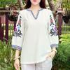 ZANZEA Women Casual V-Neck Retro Print Splice 3/4 Sleeve Loose Blouse