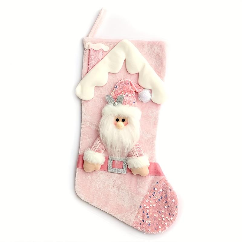 Festive Santa Claus Reindeer Christmas Stocking Pouches Pink Cartoon Roof Design with Santa Hat Scarf, Christmas Decorations