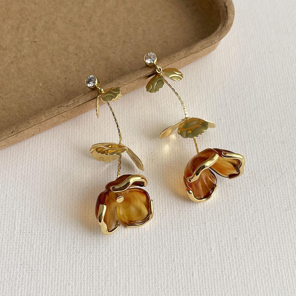Caramel Amber Flower Tassel Earrings - Women's Luxury Long Dangle Earrings for Autumn/Winter