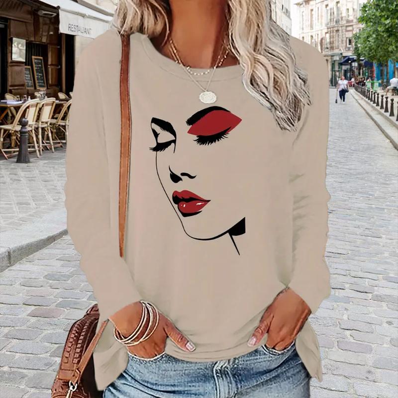Topper for kvinner Sexy trykk av ansiktstrekk Rund hals Langermet T-skjorte Høst Casual Slim Pullover Dame Langermet Topp