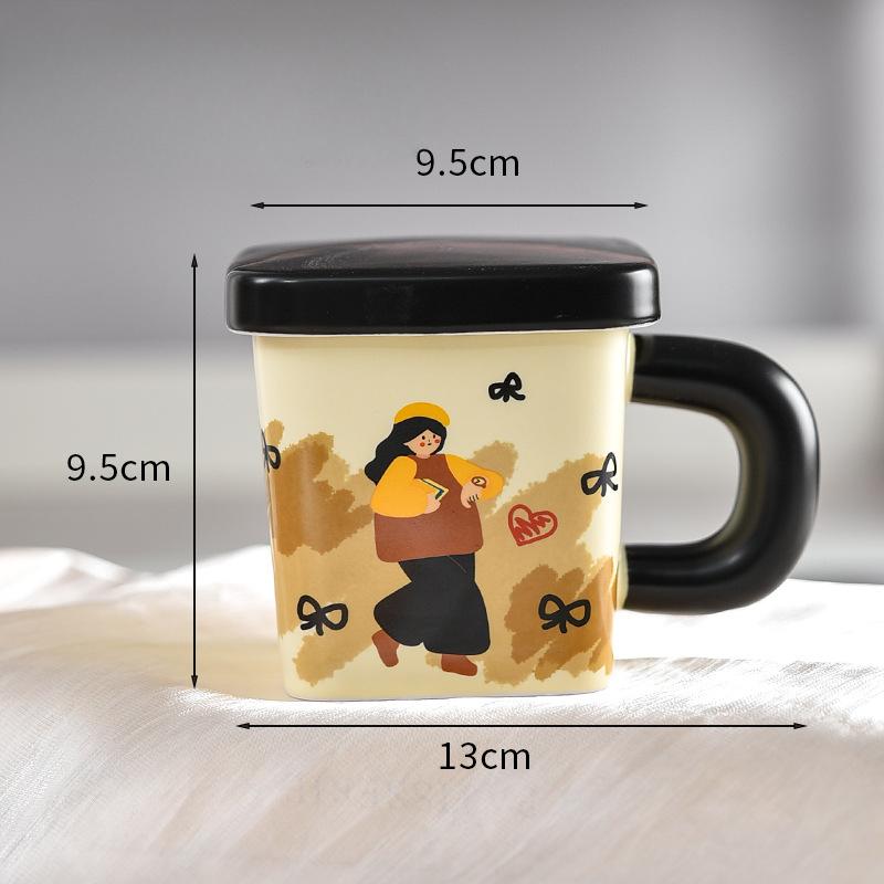 High Value Style Square Ceramic Mug with Lid Dustproof Office Couple Girl Drinking Water Cup for Home