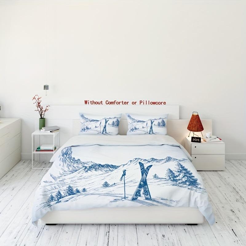 Ski Duvet Set Extreme Sports Themed Bedding Set Adult Youth Snow Mountain Printing Three-Piece Set