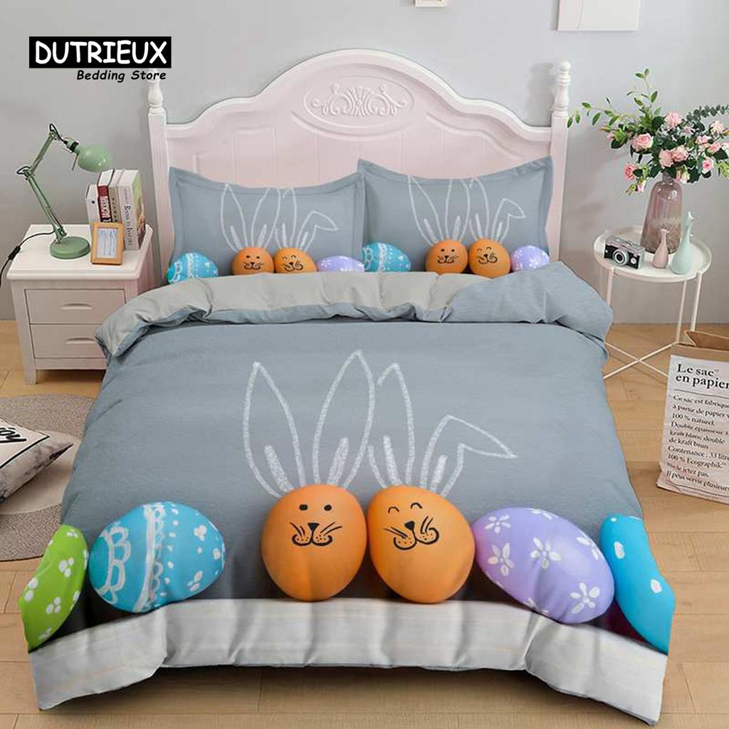 Soft Cartoon Pastoral Rabbit Duvet Cover Set Easter Eggs Print Bedding Set For Kids Child Microfiber Single King Comforter Cover