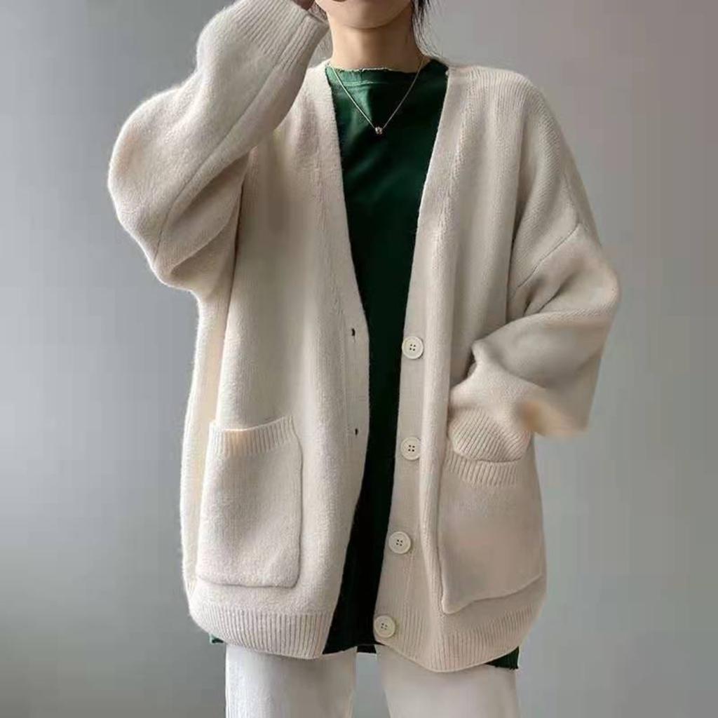 Korean Spring and Autumn Sweater Women's Wear Loose Western Style Lazy Style Solid Color Knitted Cardigan Coat