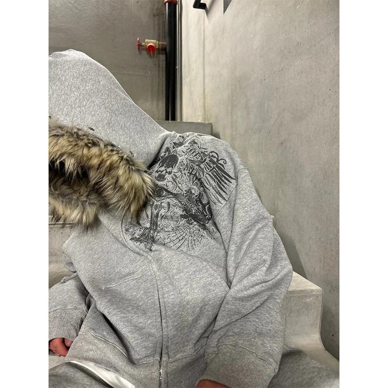 Autumn Winter Y2k Women Aesthetic Harajuku Faux Fur Collar Hoodies Clothes Graphic Hip Hop Punk Gothic Zip Up Hoodies