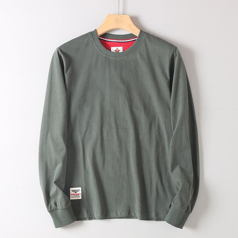 Export Surplus Cotton Round-Neck Solid Color Long-Sleeve T-Shirt for Men, Washed and Brushed, Hk Cut Label, Comfortable Base Layer Shirt