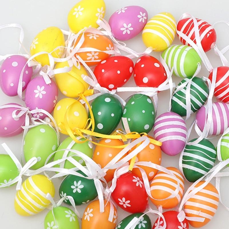12PCS Plastic Easter Eggs Happy Easter Day Decors with Hangable Lanyards Colorful Eggs for Outdoor Easter Decors