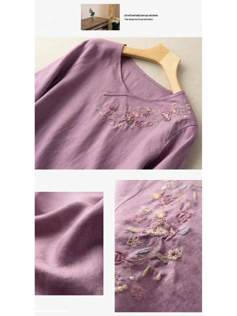 Women's Cotton Linen Embroidered Retro Shirt, Seven-Sleeve with Frog Button, Loose Plus Size Summer Top