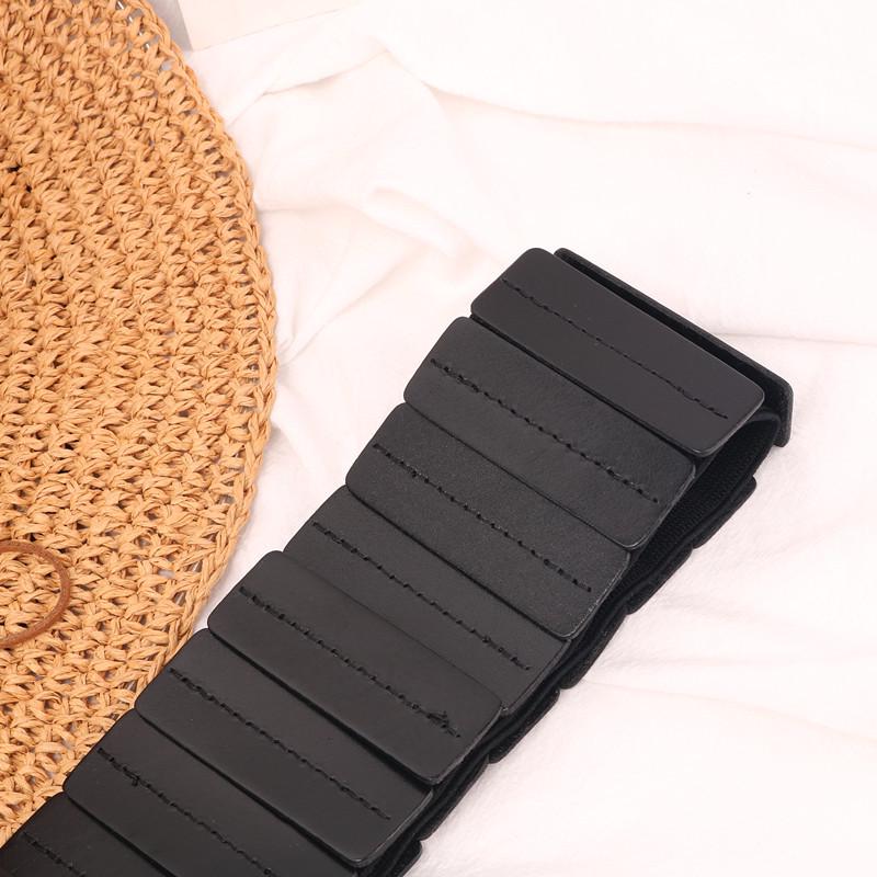 Women's Wide Elastic Leather Waist Belt - Retro Black Cowhide