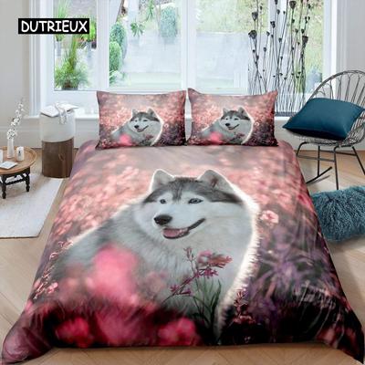 Husky Duvet Cover Puppy Pet Flower Floral Jungle Natural Scenery Cute Animal Bedding Set Polyester Double Queen King Quilt Cover