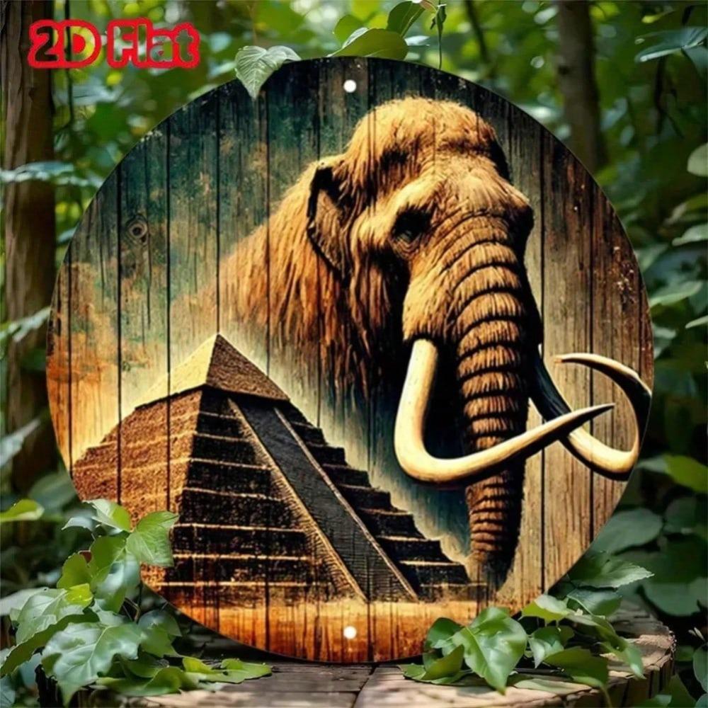 Винтажный деревенский слон Египетские пирамиды 2D-печать Плоское круглое алюминиевое металлическое настенное искусство Декор для дома гаража 20x20 разноцветный