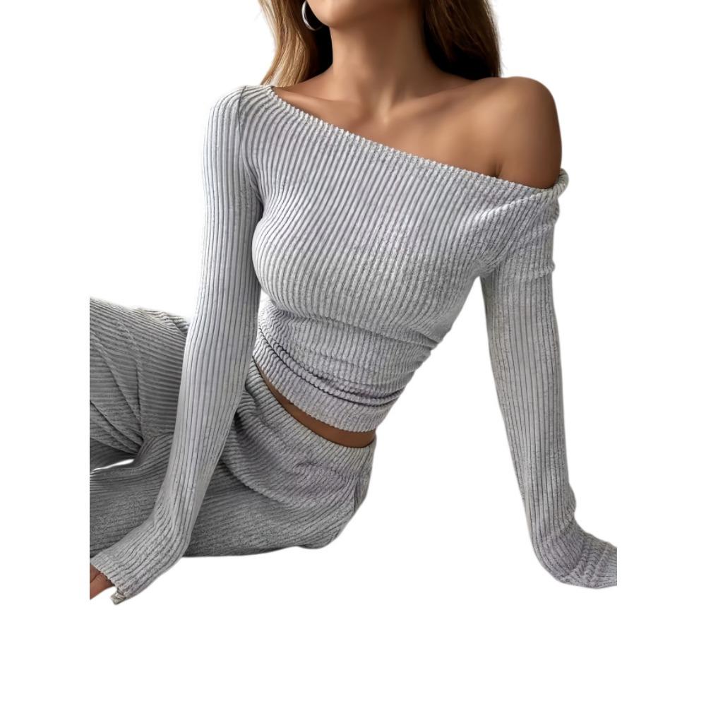 Set Casual la Modă pentru Femei Toamnă și Iarnă: Set din două piese: Top scurt cu mâneci lungi și pantaloni lungi