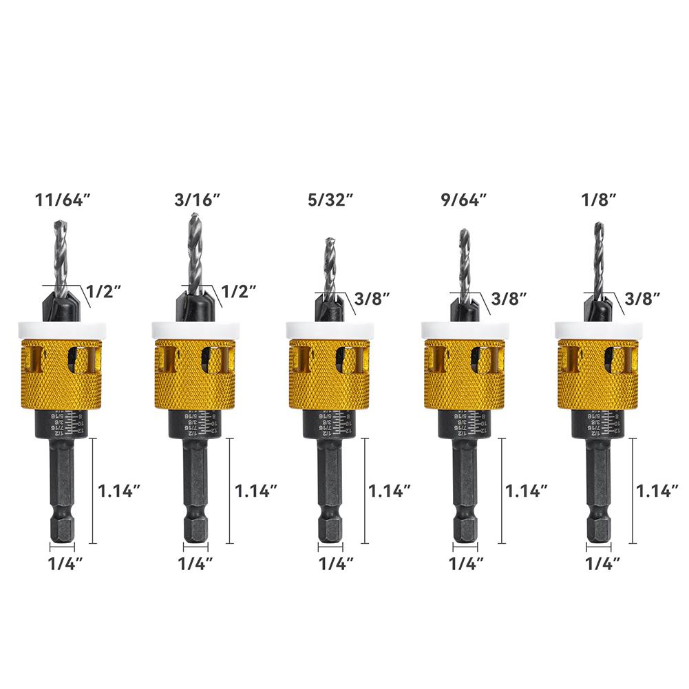 5 Pcs Countersink Drill Bit Set Replaceable With Adjustable Depth Stop Limiter Woodworking Chamfer Tool Countersunk Drill Bit