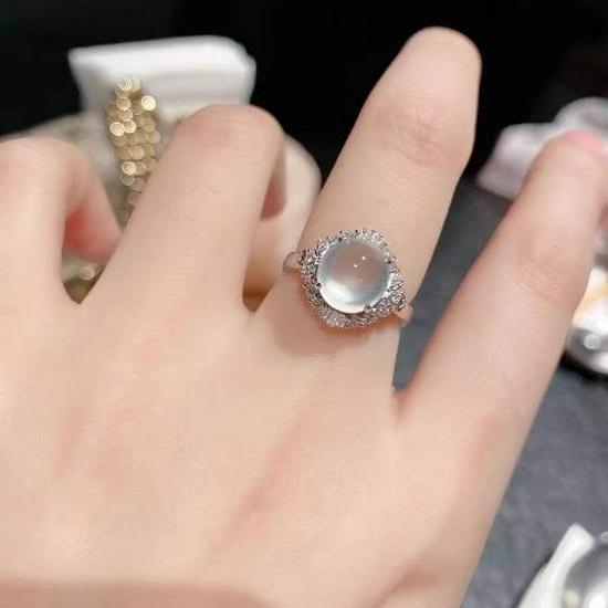 White Ice Chalcedony Cabochon Ring: Adjustable, Natural Fluorescent, Versatile, Simple Design for Women