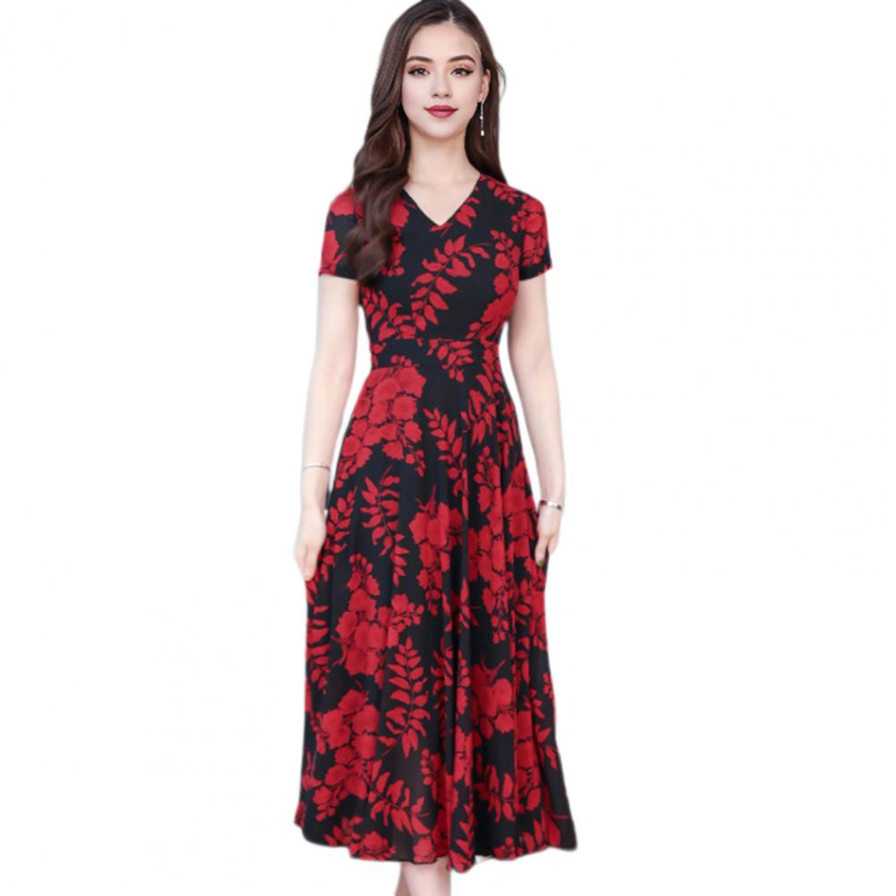 Women Midi Dress V-Neck Short Sleeve Waist Tight Flowy Hem Dress Leaf Printed Office Dress Leisure Party Wear