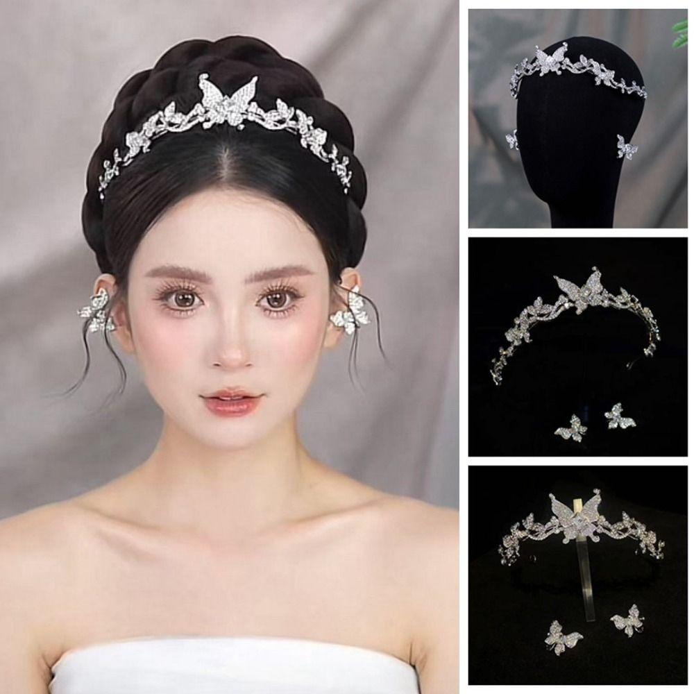 Bride Headdress Butterfly Crystal Tiara Set Sparkling Wedding Jewelry Suit Wedding