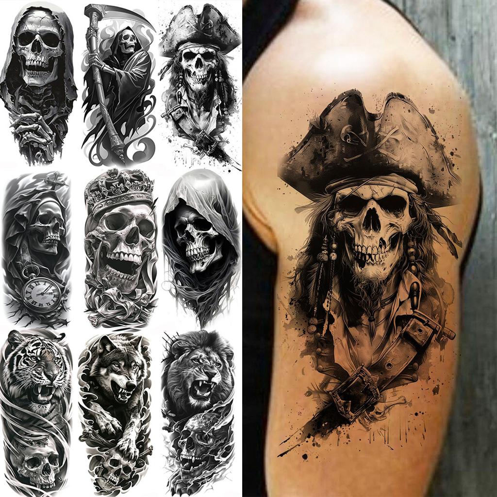 1 Blatt Gruseliger Sensenmann Totenkopf Temporäre Tattoos Halloween Tattoos Langlebig Wasserdicht Tiger Wolf Bestie Fake Tattoo Aufkleber