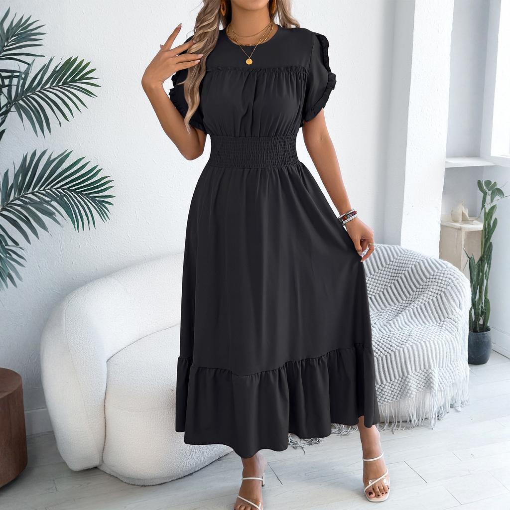Women's Fashionable Casual Color Off Shoulder Black Fungus Edge Short Sleeved Pleated Waist Dress