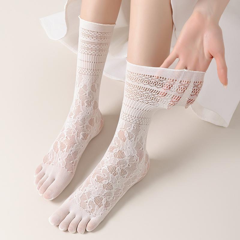 

Women s Sheer Lace Five-Toe Mid-Calf Socks - Summer Edition One size (36-40) бежевый