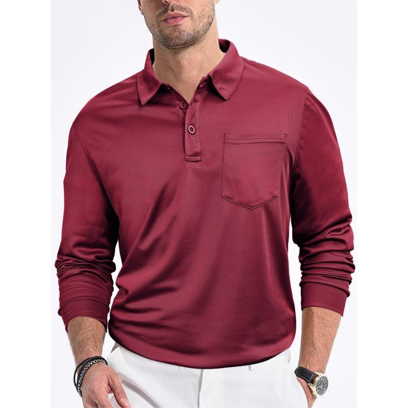 Men's Casual Loose Button Placket Solid Color Long Sleeve Mesh Lapel Men's Polo Shirt Shirt